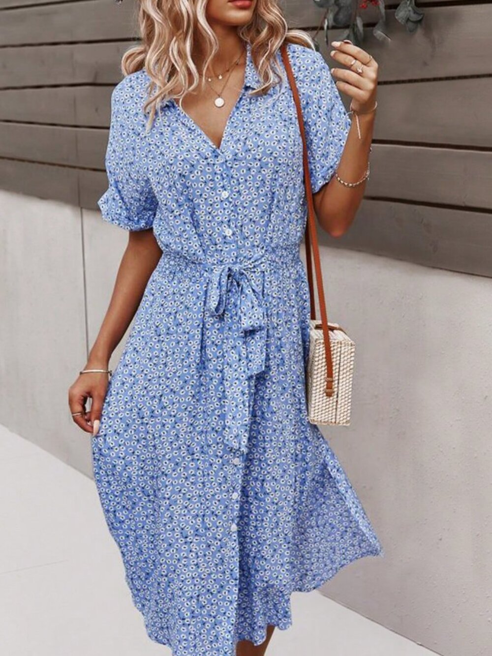 Baby Blue Casual Women's Ditsy Floral Print Batwing Sleeve Belted Shirt Dress - Picture 4 of 8